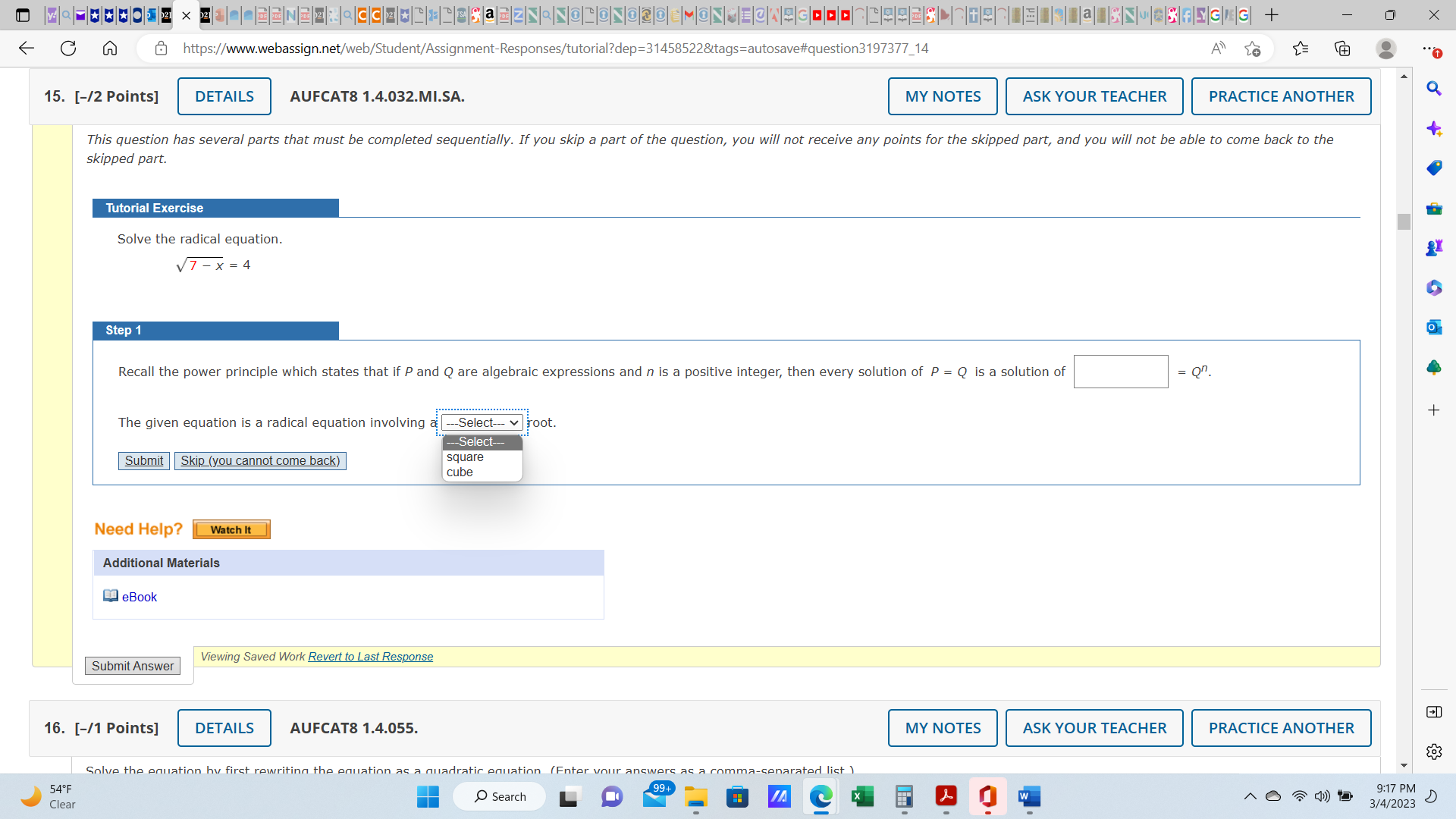  X @https://www.webassign.net/web/Student/Assignment-Responses/tutorial?dep=31458522&tags=autosave#question3197377_14 A ") to 15. [-/2 Points] DETAILS AUFCAT8 1.4.032.MI.SA.