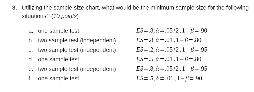  3. Utilizing the sample size chart, what would be the minimum