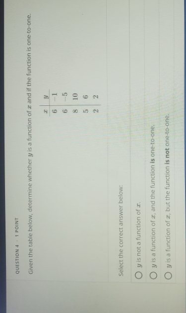  QUESTION 4 - 1 POINT Given the table below, determine whether