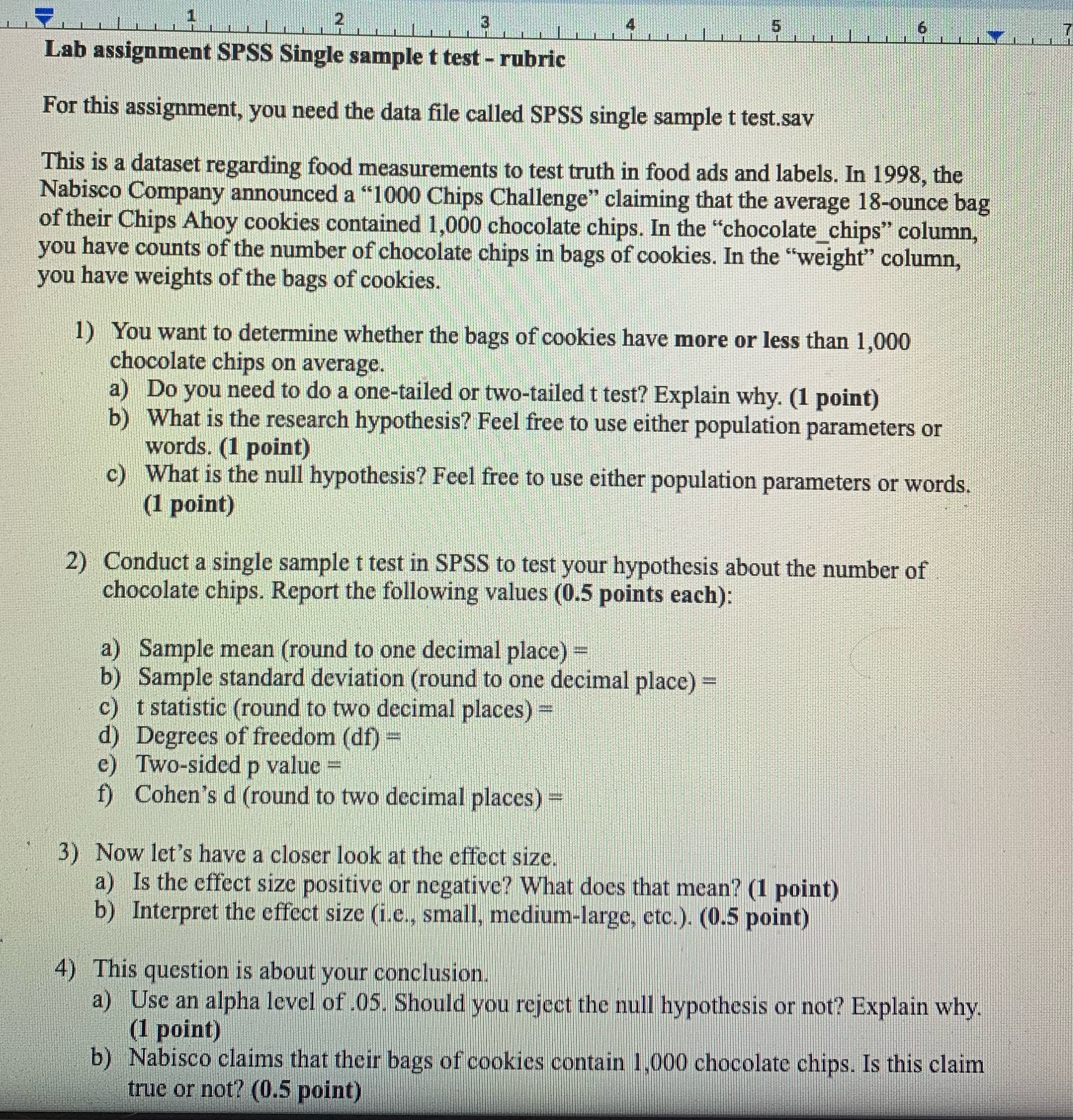 Lab assignment SPSS Single sample t test - rubric For this