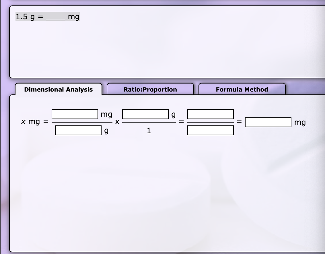 1.5 g = ____ mgplease use dimensional analysis 1.5 9 = mg