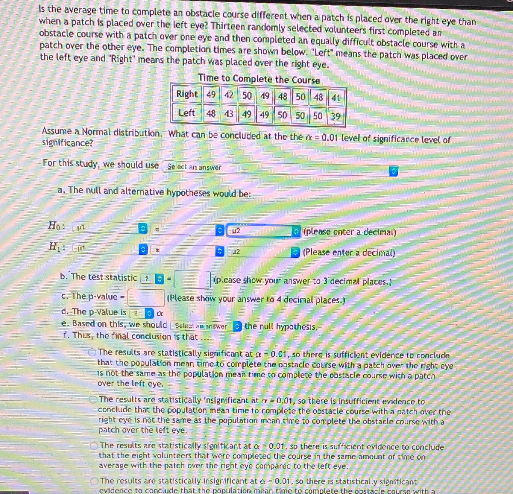 Is the average time to complete an obstacle course different when