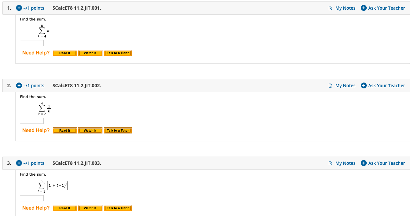 Need help with these questions. Please help 1. + -/1 points SCalcET8