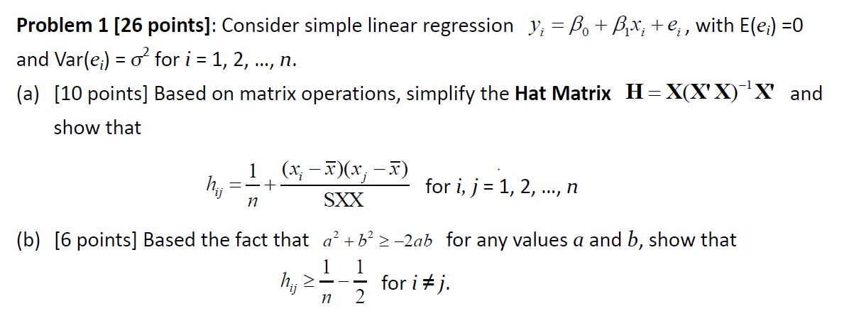  Problem 1 [26 points]: Consider simple linear regression y, : u