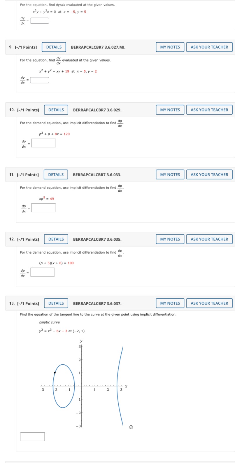 Solve 8 - 13 show work please For the equation, find dy/dx