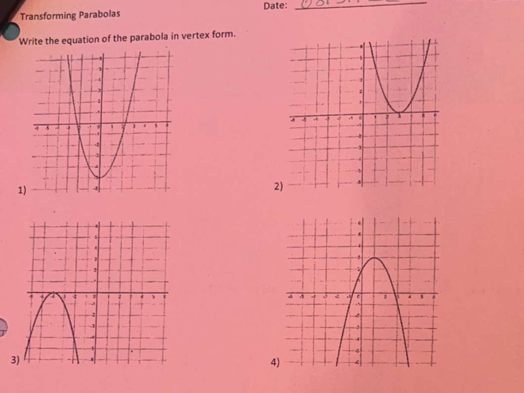need help finding the vertex please Transforming Parabolas Date: Write the equation