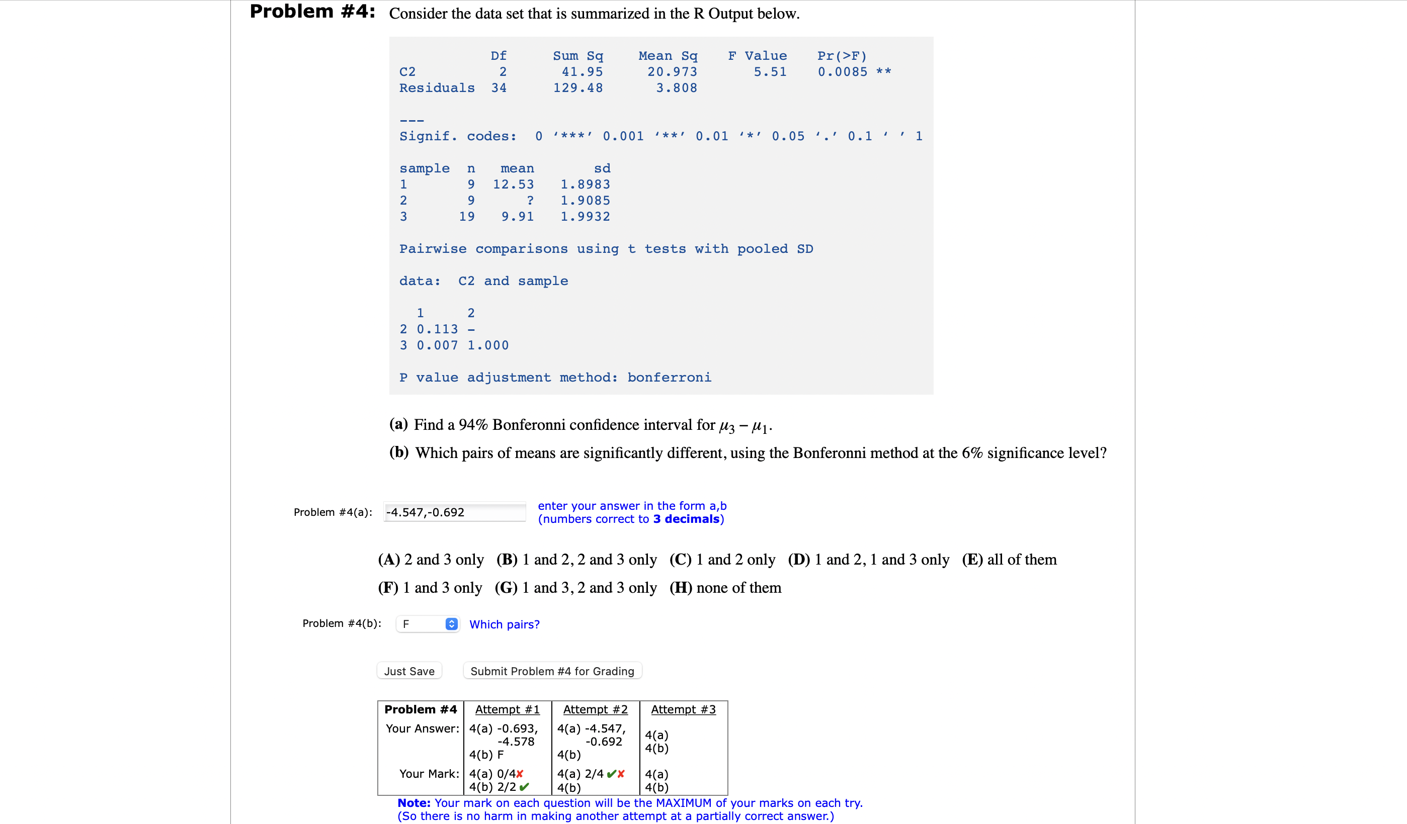 Based on the R output data, what is the correct 94% Bonferonni
