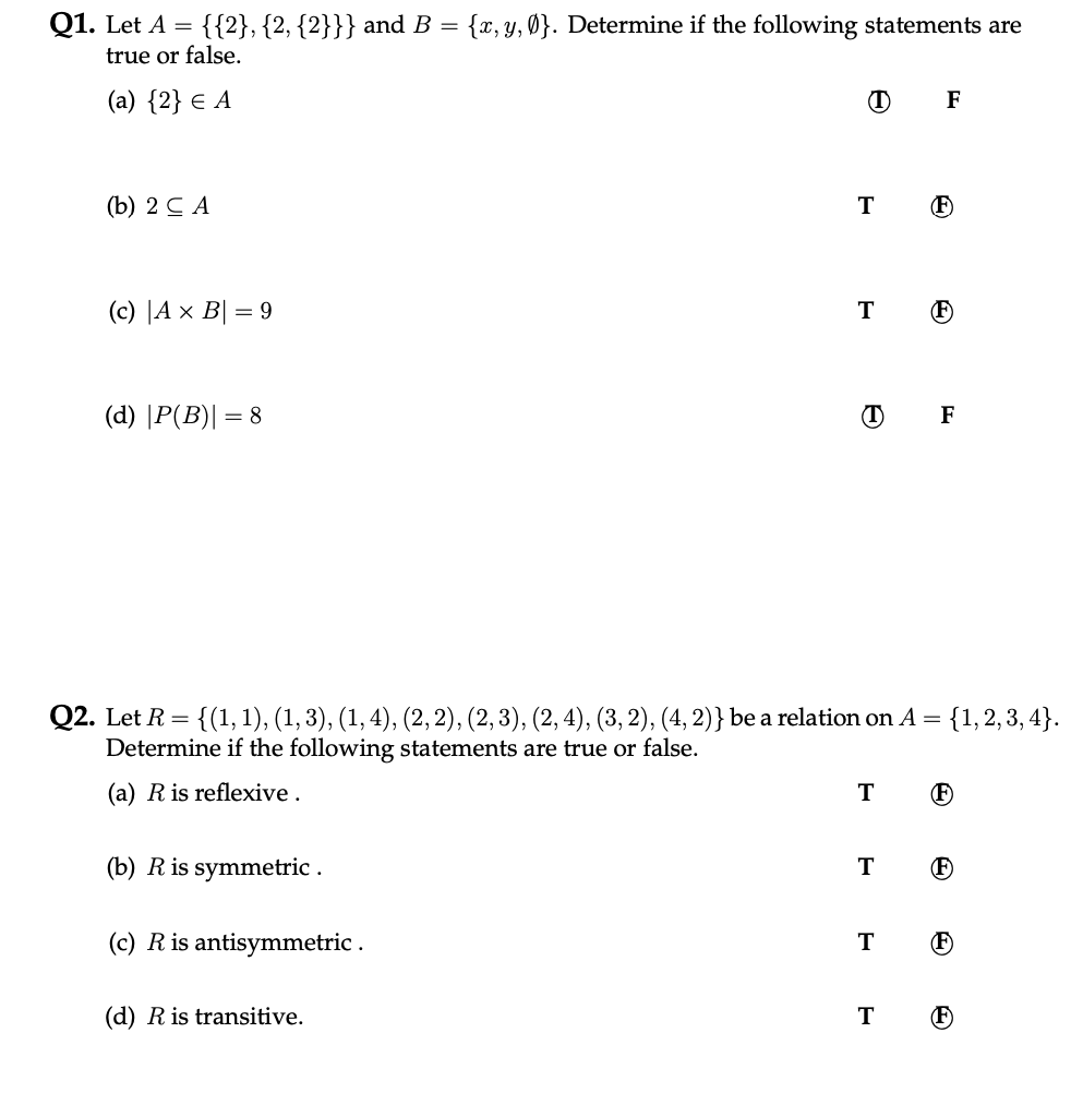 y, y}. Determine if the following statements are true or false. (a)