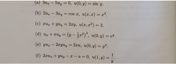 y) = sin y. (b) 2ur - 3uy = cost, u(x, x)