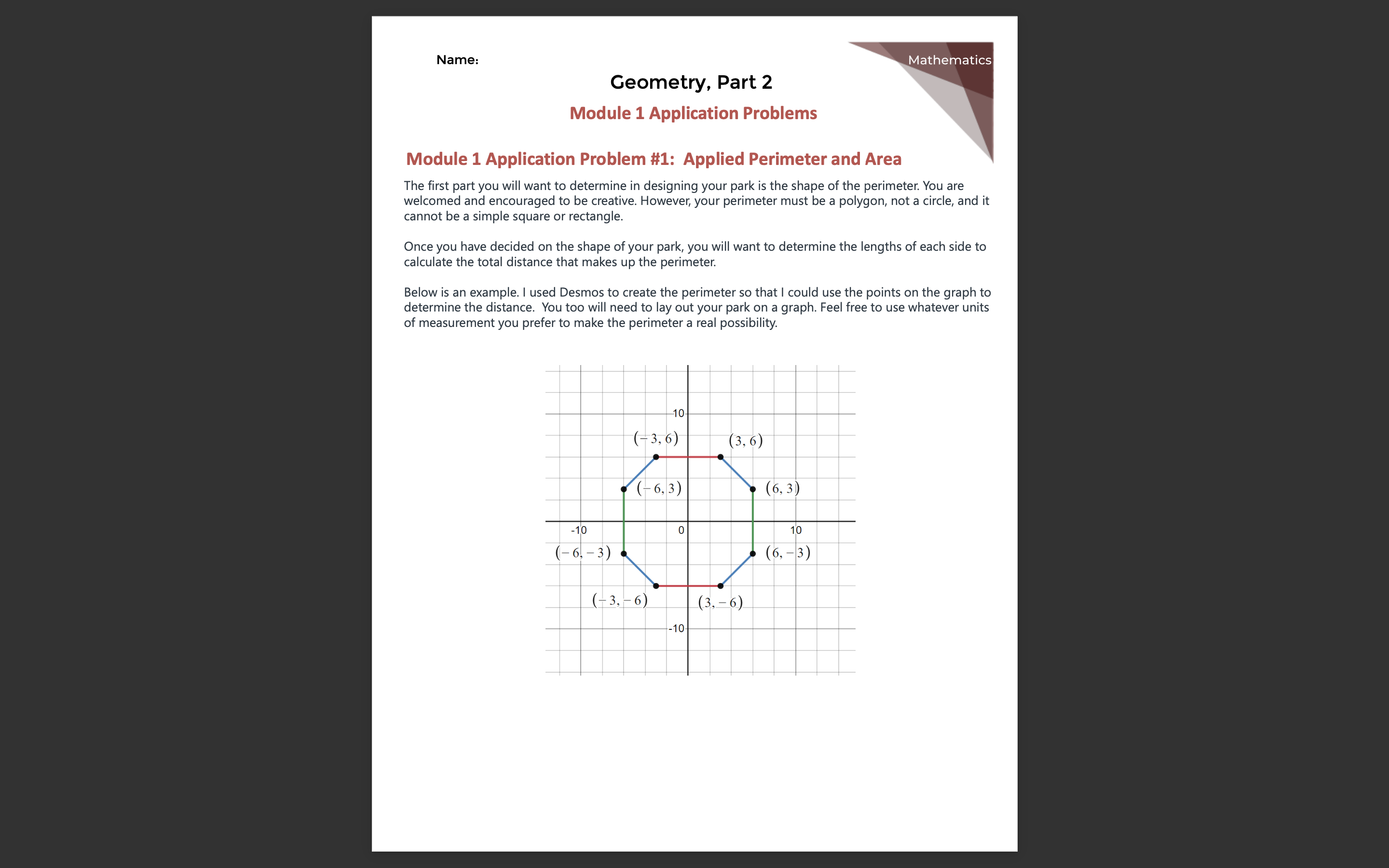  Geometry, Part 2 Module 1 Application Problems Module 1 Application Problem
