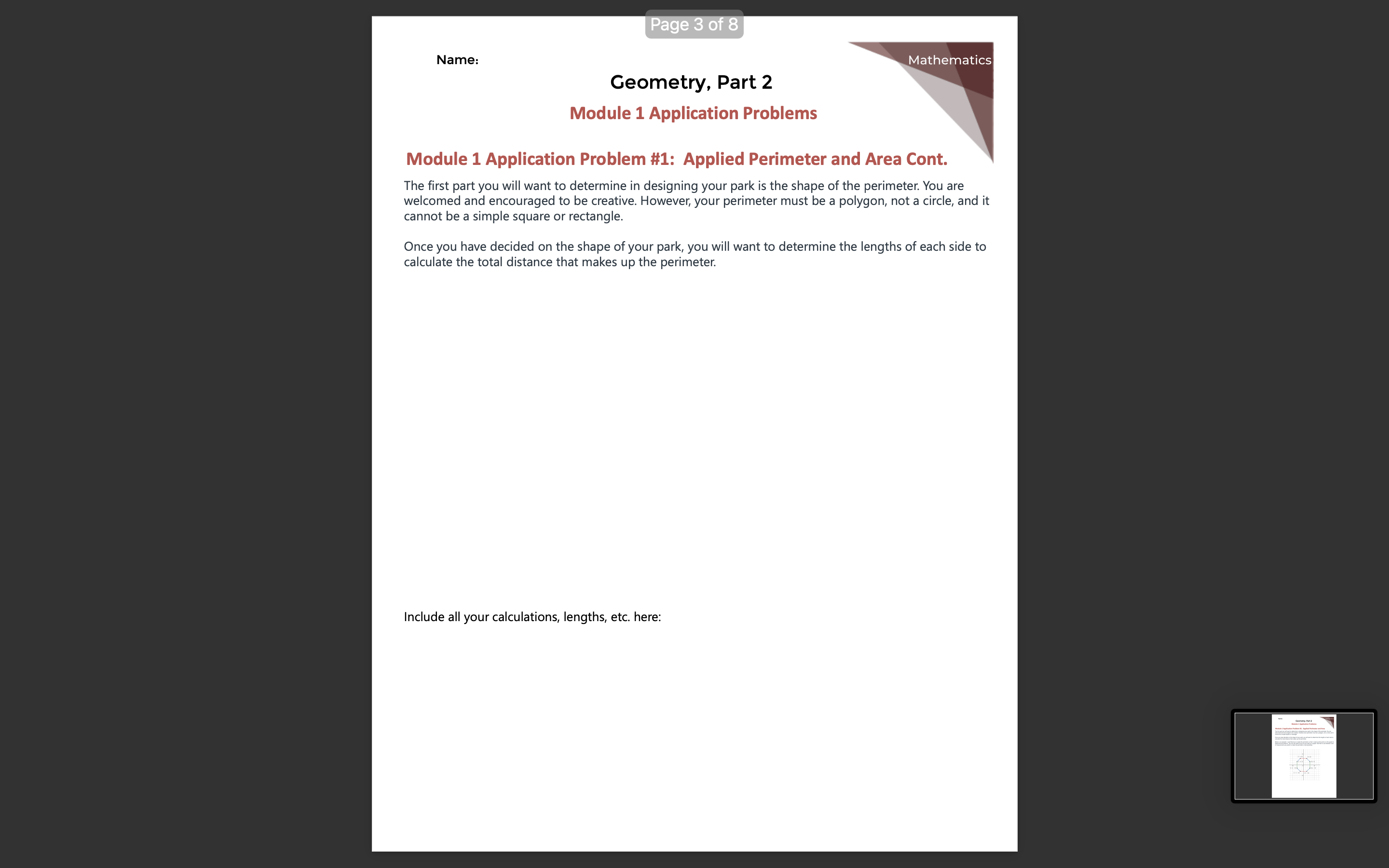 #1: Applied Perimeter and Area The first part you will want to