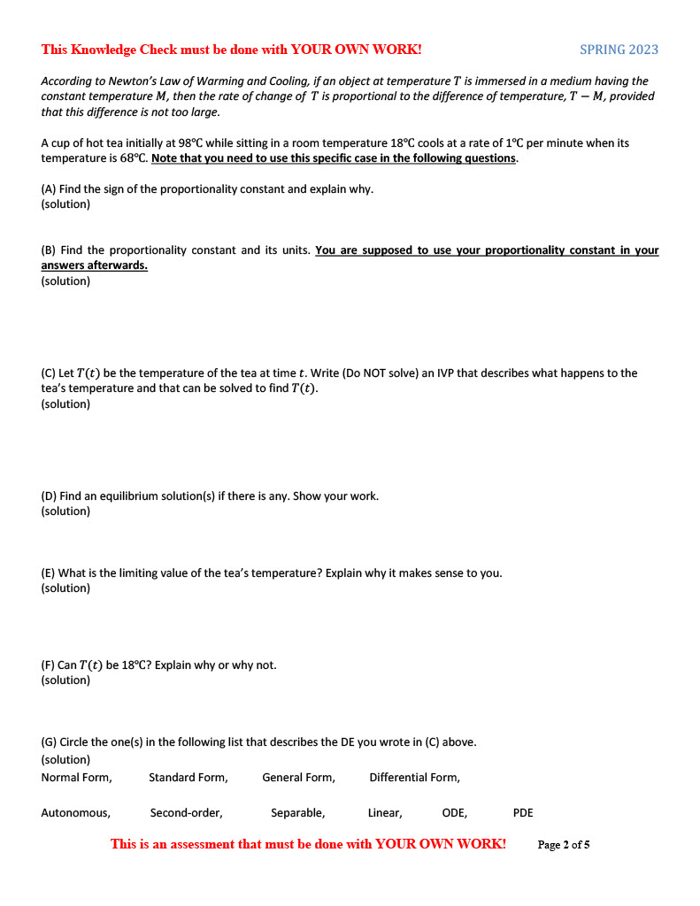  This Knowledge Check must be done with YOUR OWN WORK! SPRING