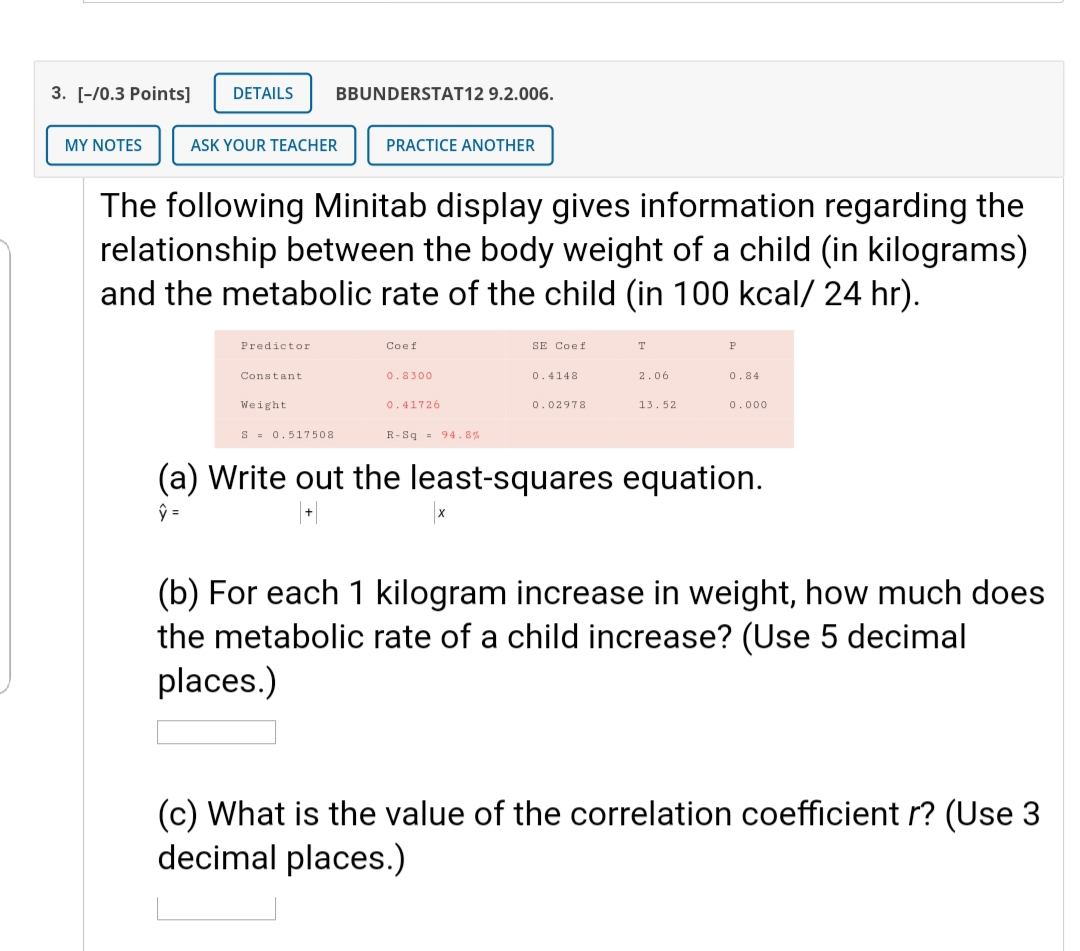 "134 Find the least-squares equation for these data (rounded to three digits