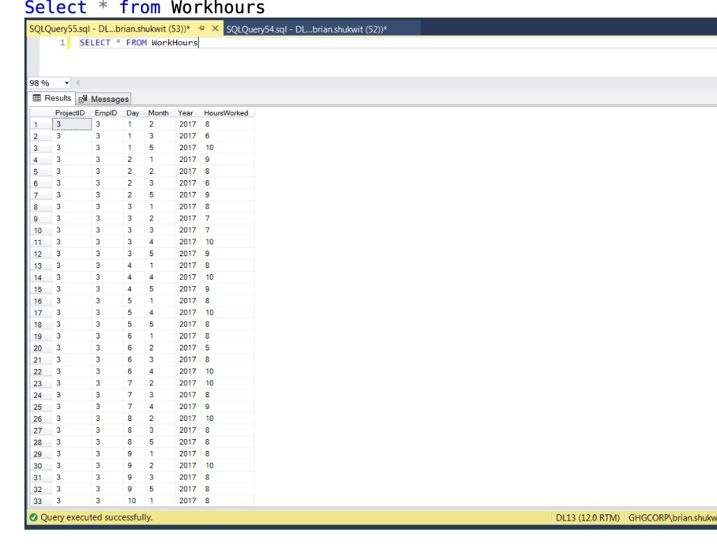 Select * from Workhours SQLQuery55.sql - DL..brian.shukwit (53))* # X| SQLQuery54.sql