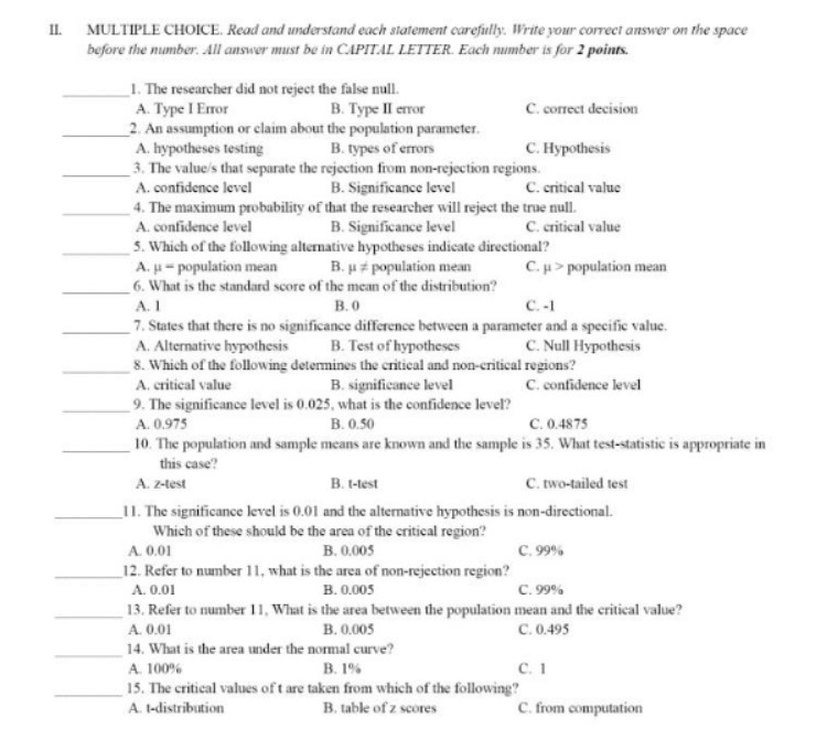  II. MULTIPLE CHOICE. Read and understand each statement carefully. Write your
