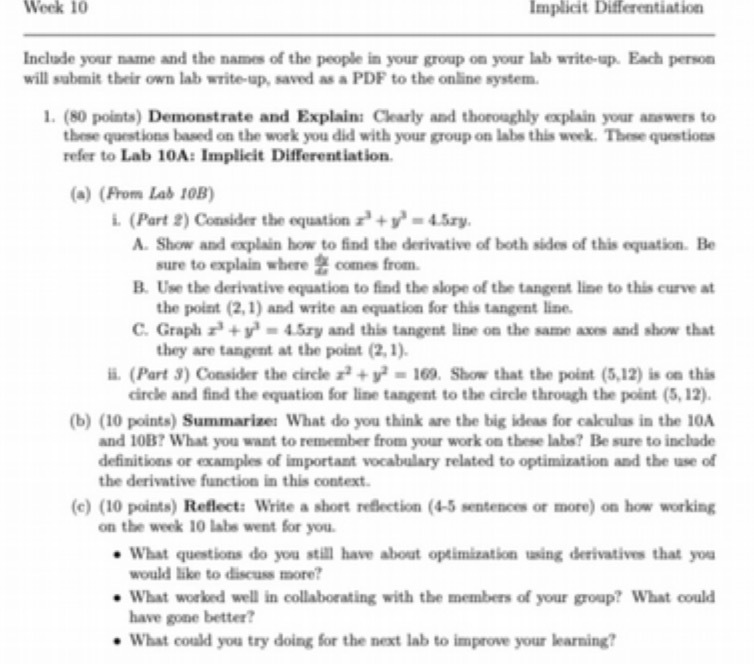 Week 10 Implicit Differentiation Include your name and the names of