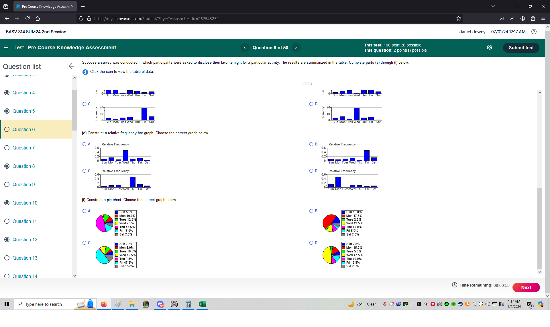 P Pre Course Knowledge Assessm X O & https://mylab.pearson.com/Student/PlayerTest.aspx?testld=262543231 E BASV