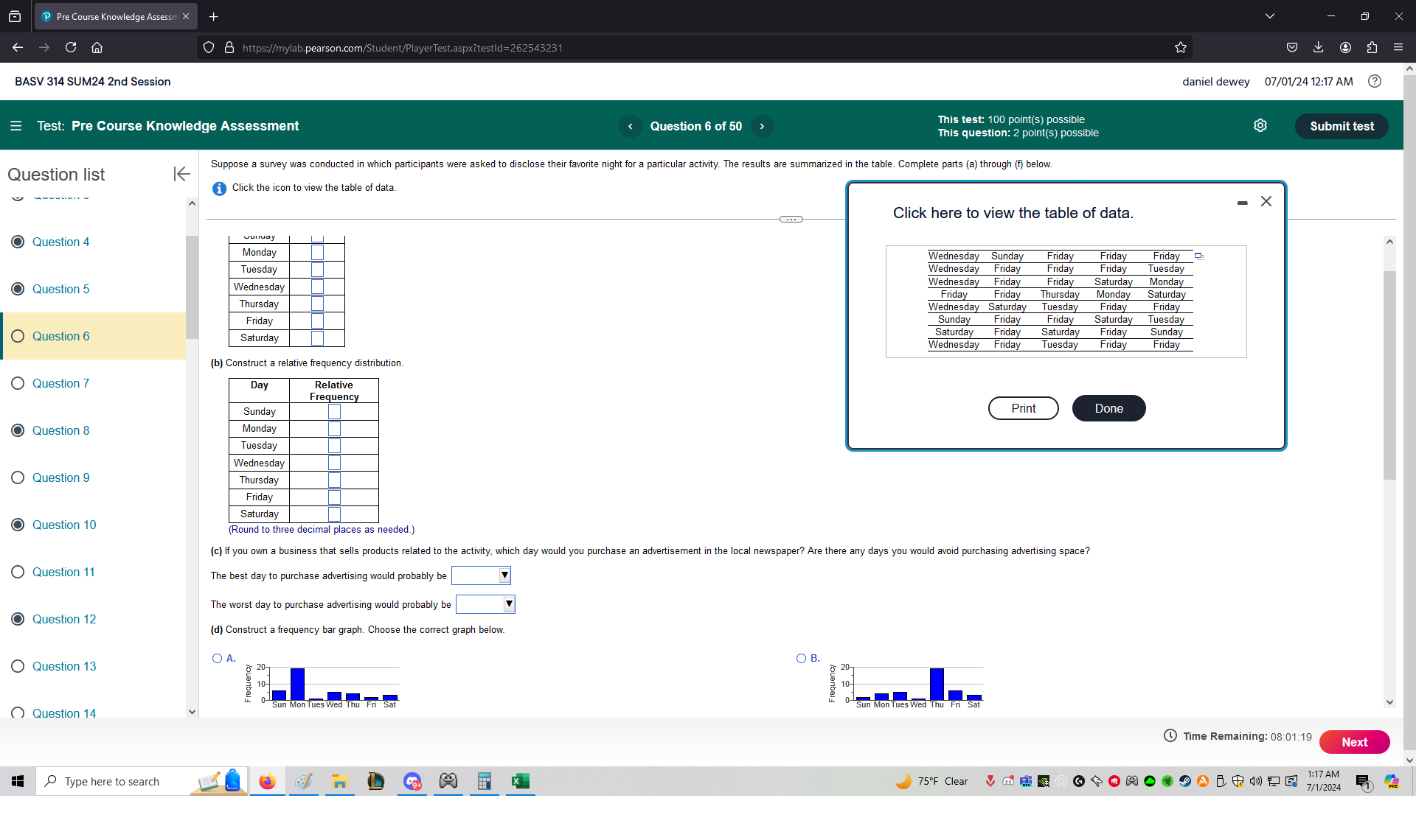 314 SUM24 2nd Session daniel dewey 07/01/24 12:17 AM Test: Pre Course