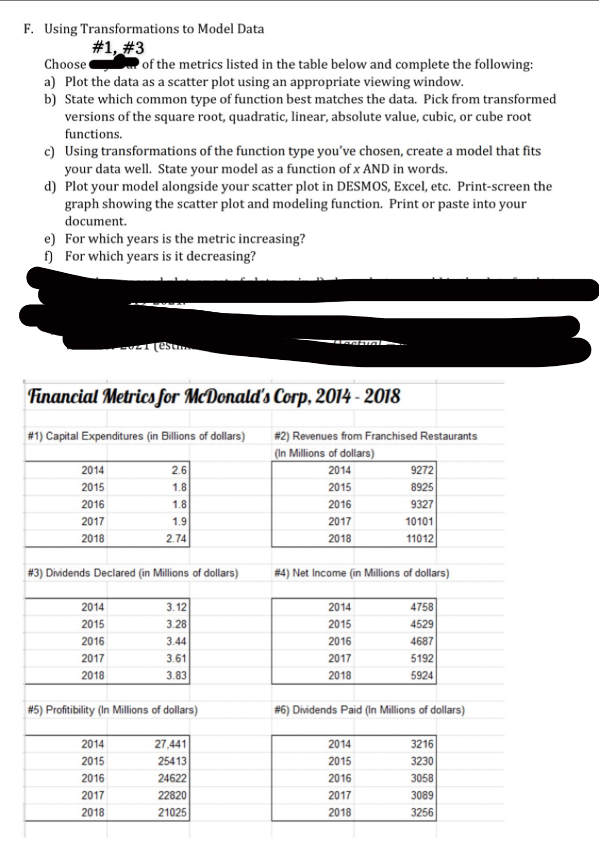  F. Using Transformations to Model Data #1, #3 Choose of the