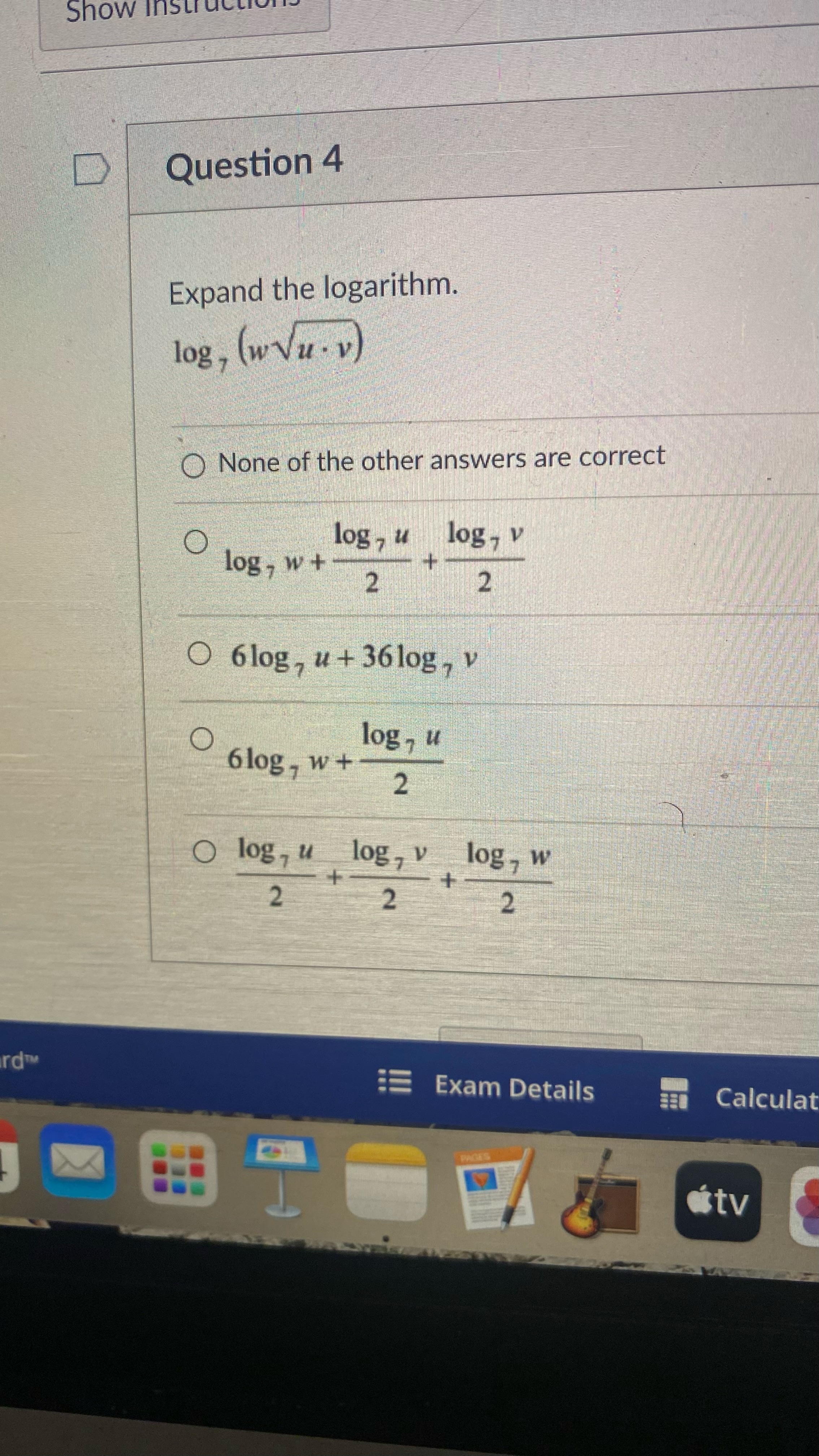 2 Vx) O log , 4 O log, (zVyx) Exam Details Calculator