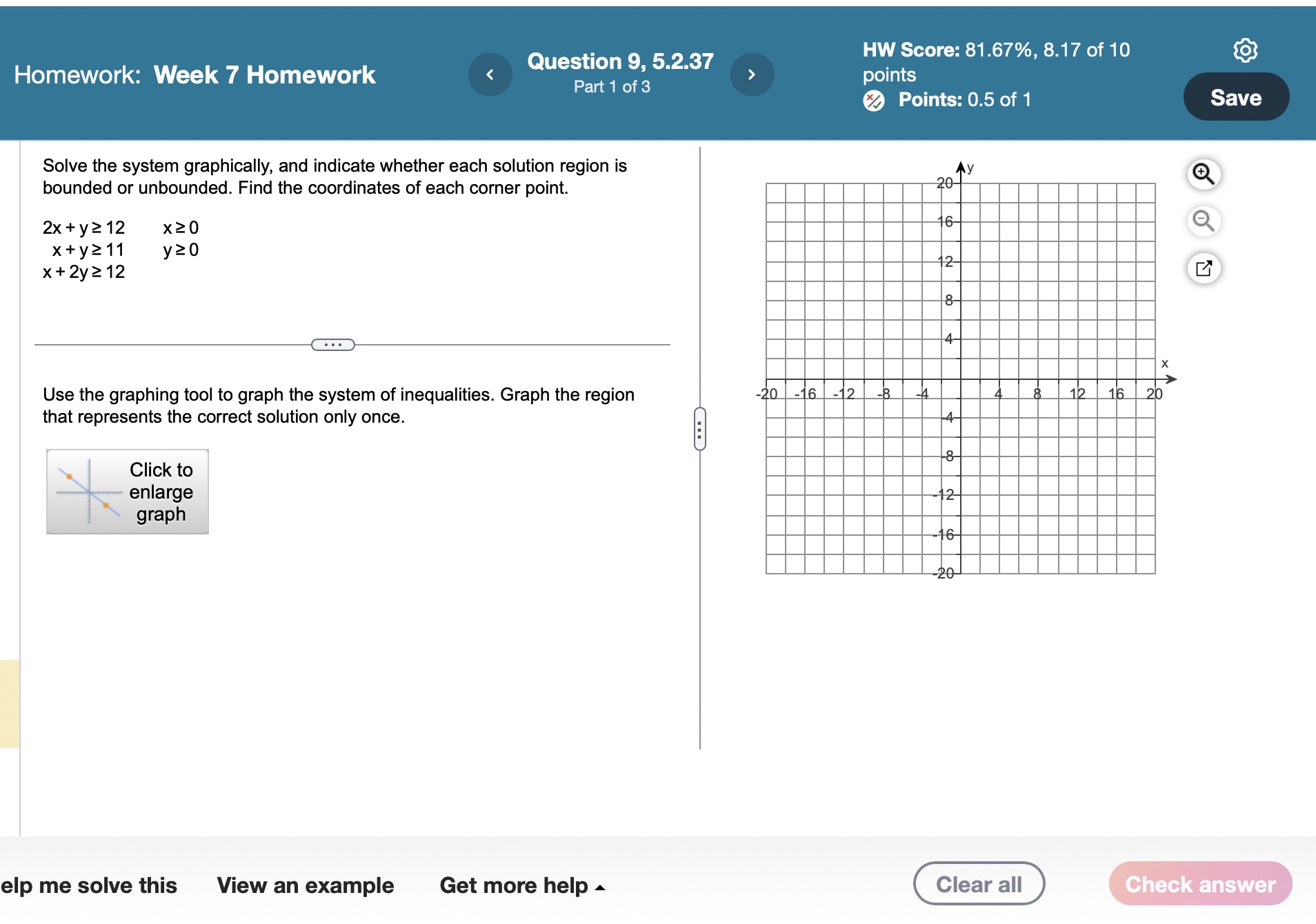 Solve the system graphically, and indicate whether each solution region is bounded