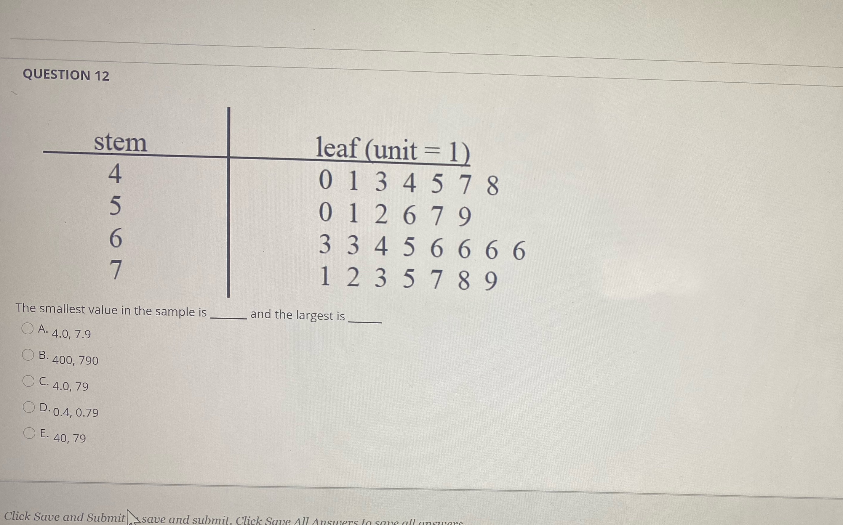 Help QUESTION 12 stem leaf (unit = 1) 0 1 3 4578
