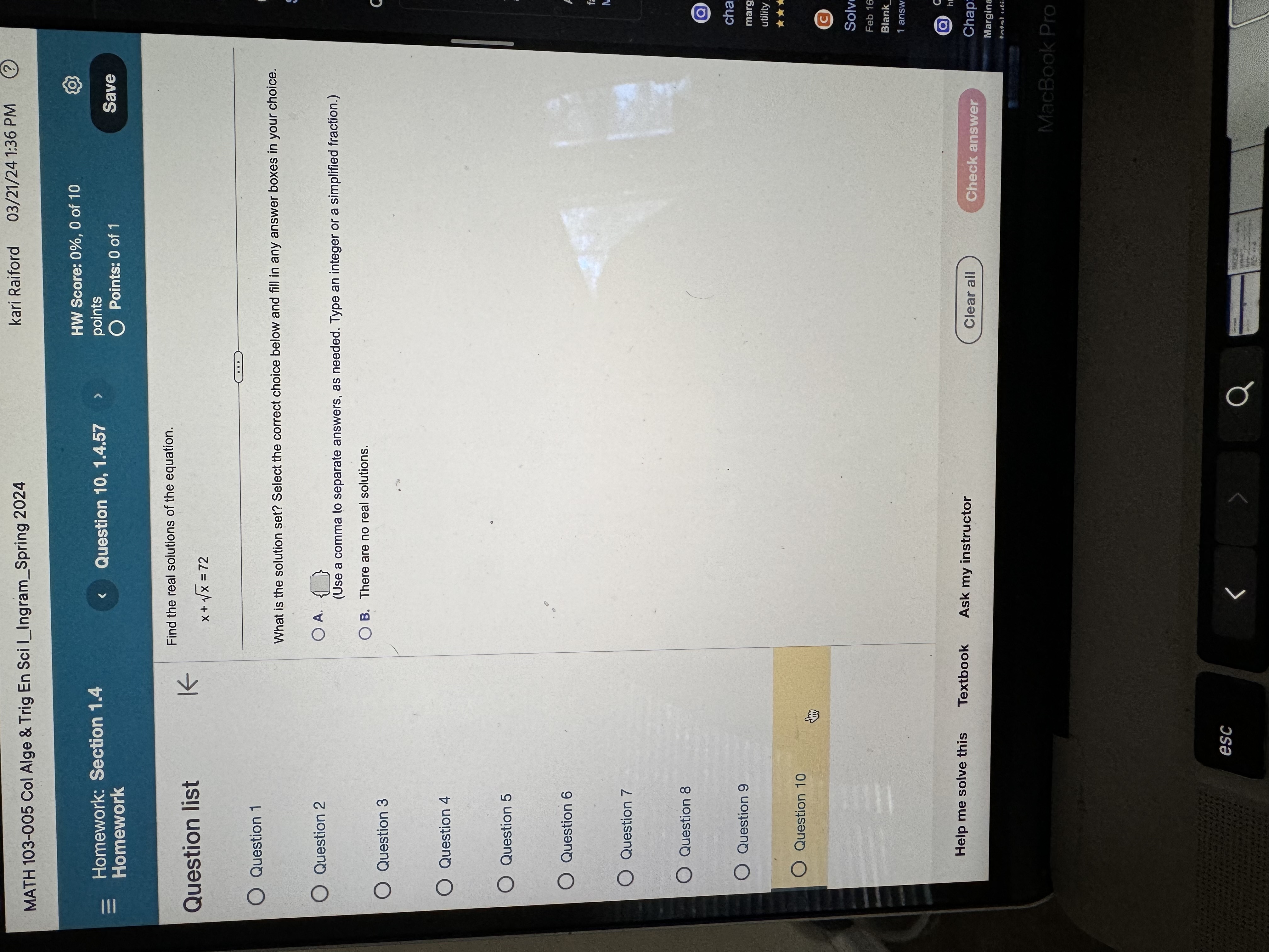 Textbook Ask my instructor Clear all Check answerge & Trig En Sci