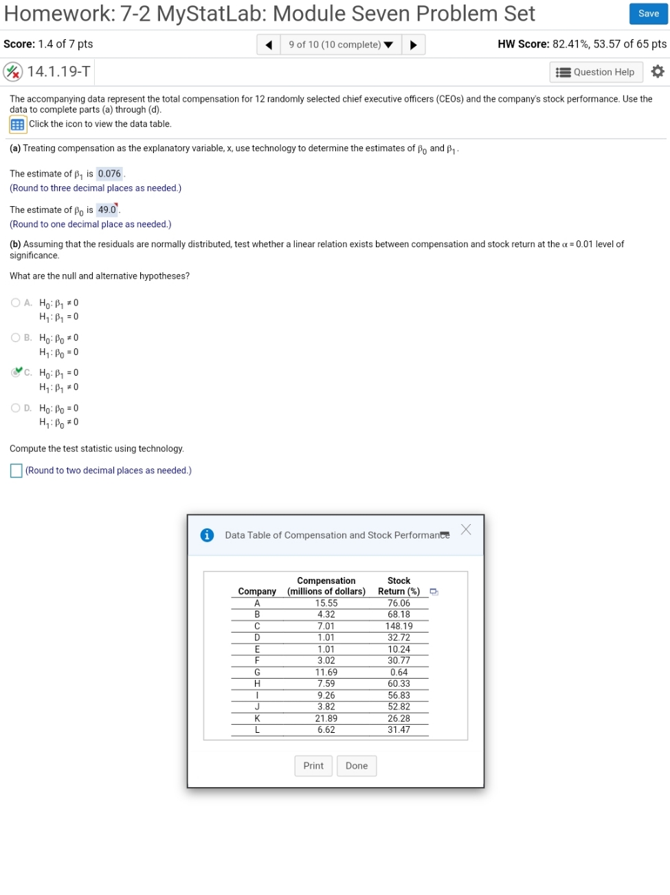 Need help computing the test statistic. Thank You Homework: 7-2 MyStatLab: Module