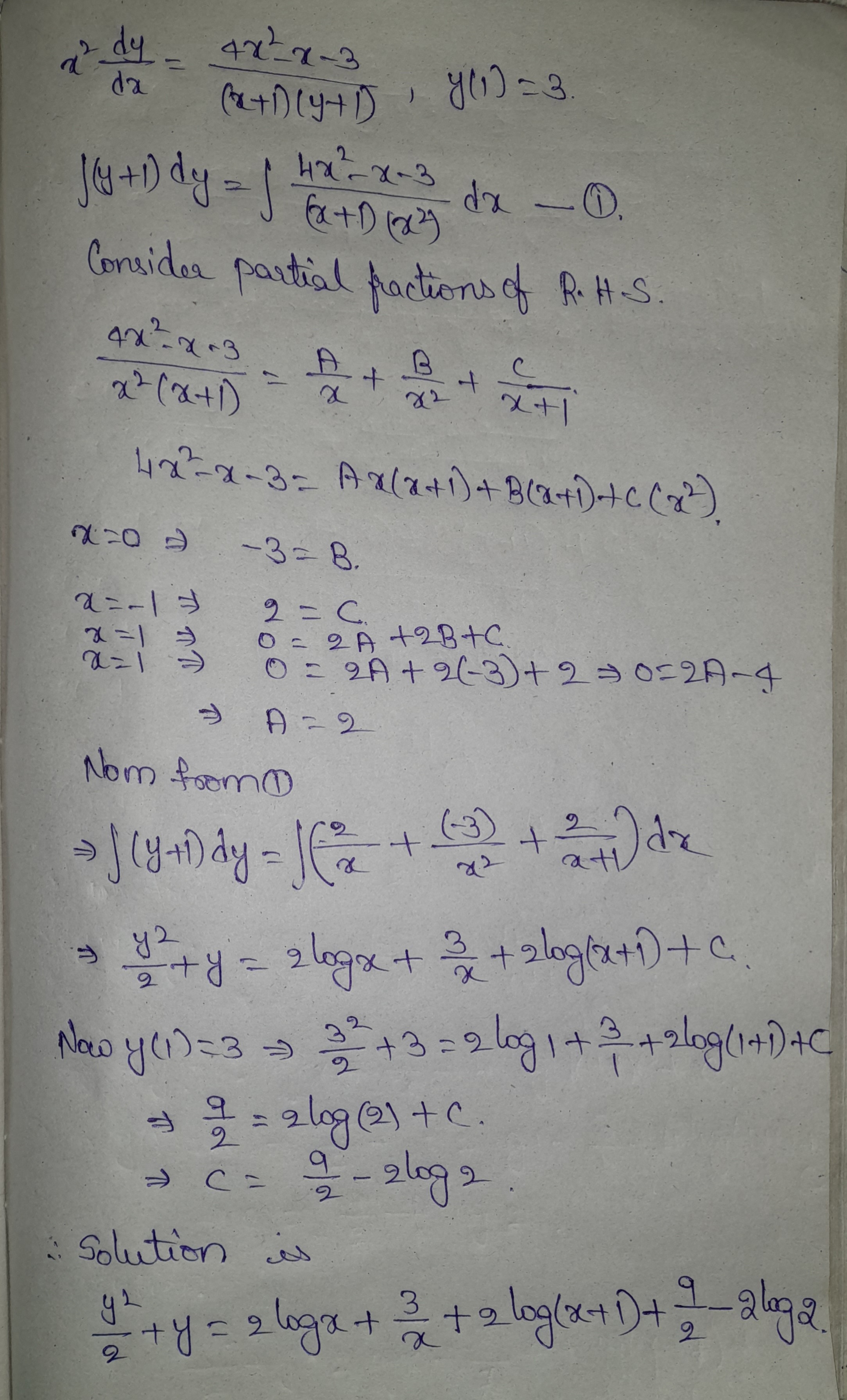 3 X dx (x+ 1)(y+1) , y(1) =3 The solution is (Type