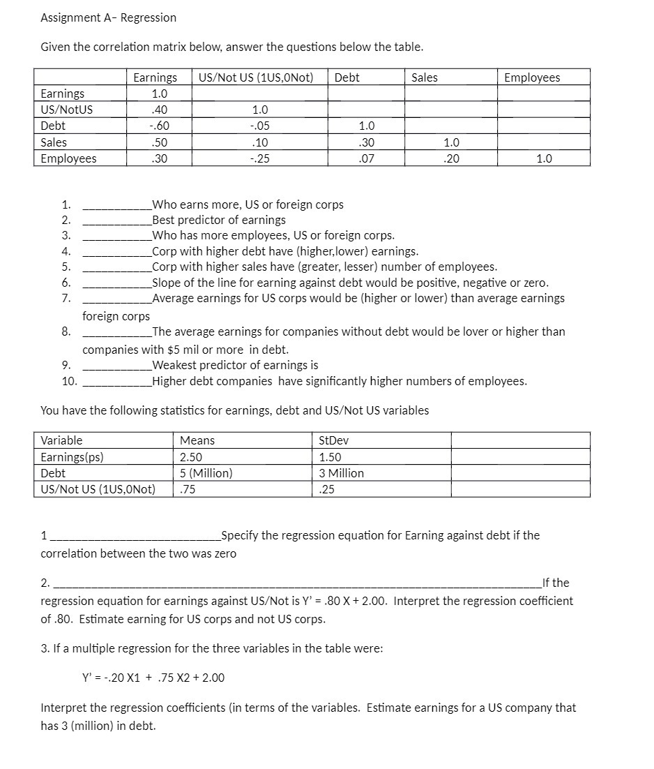  Assignment A- Regression Given the correlation matrix below, answer the questions