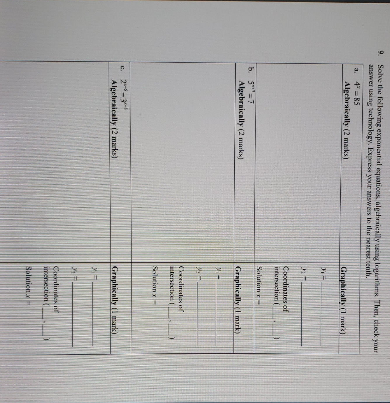 logarithmic functions Solve the following exponential equations, algebraically using logarithms. Then, check