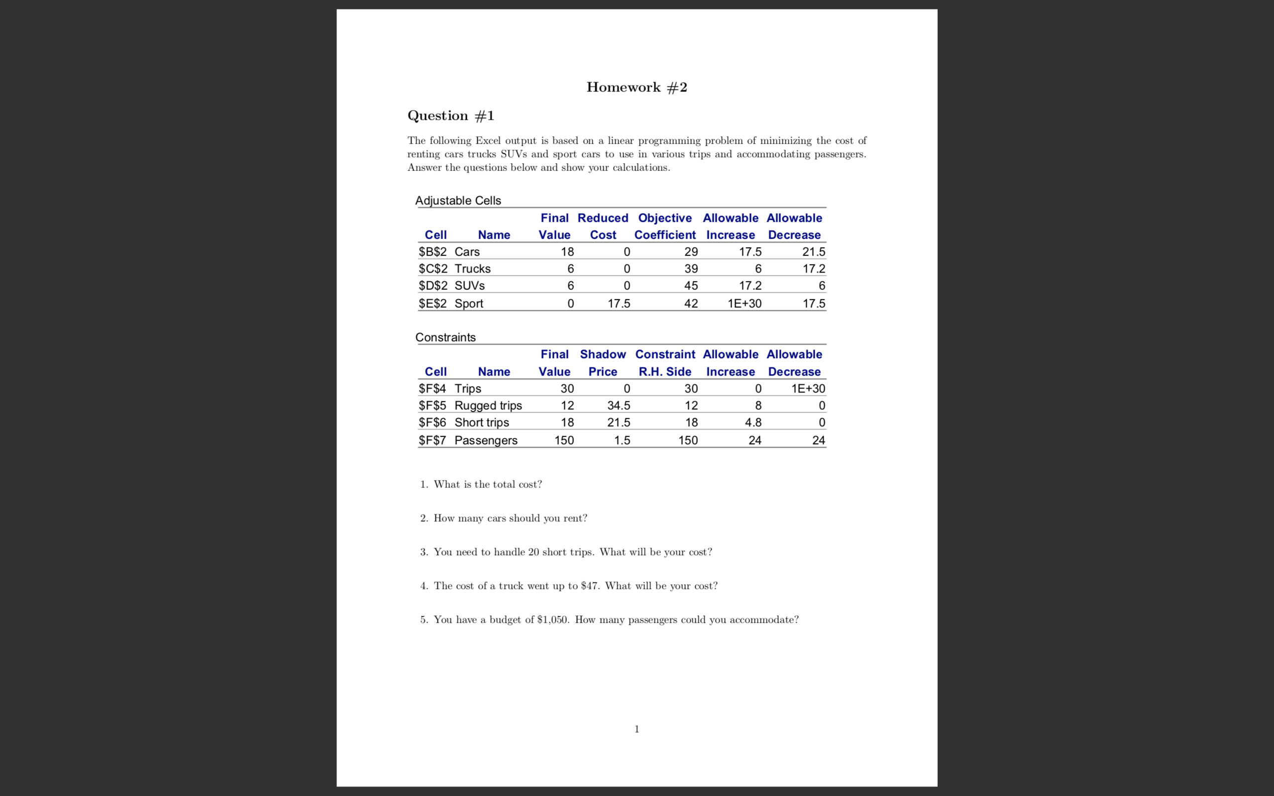 The Linear Programming questions. Question #1 Cell Name Value $B$2 Cars 18