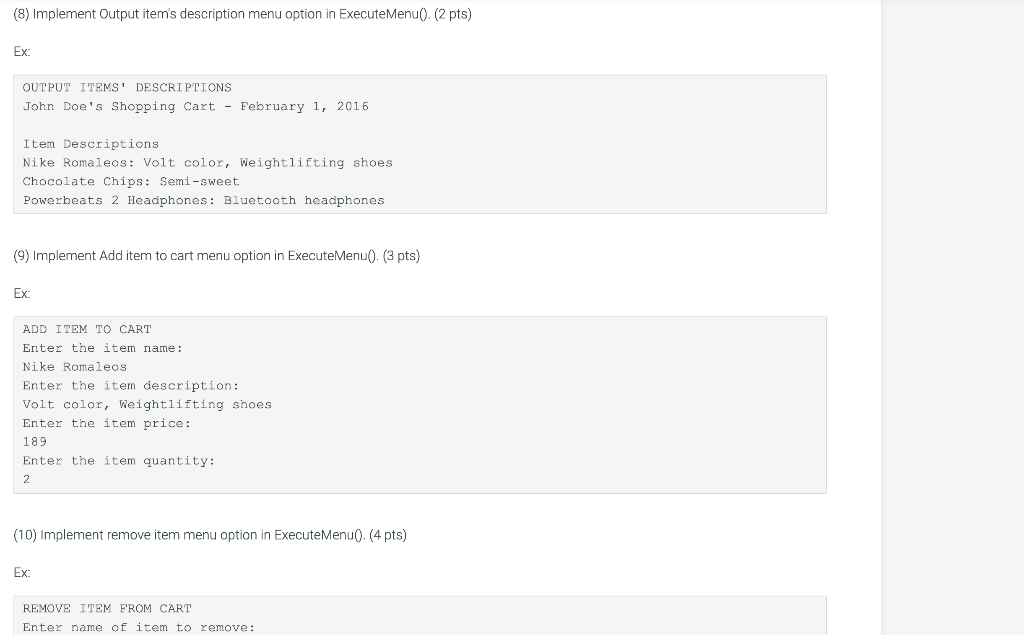 string customerName, string todaysDate) { cout cout cout cart.PrintTotal(); } void PrintMenu(ShoppingCart