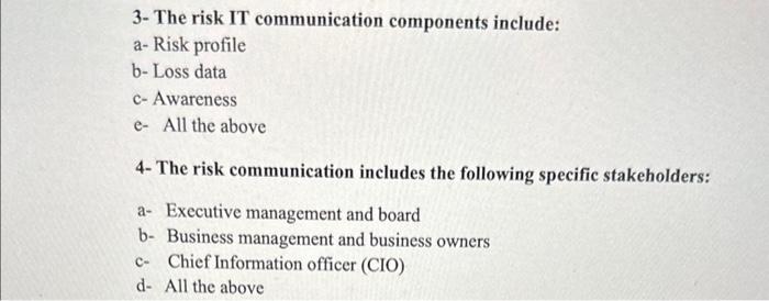  3- The risk IT communication components include: a- Risk profile b-