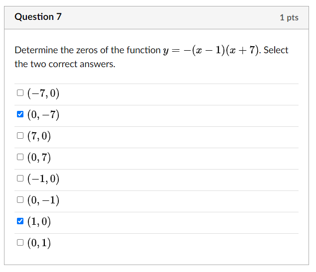 Question 3 1 pts Determine the zeros of the quadratic expression (a: