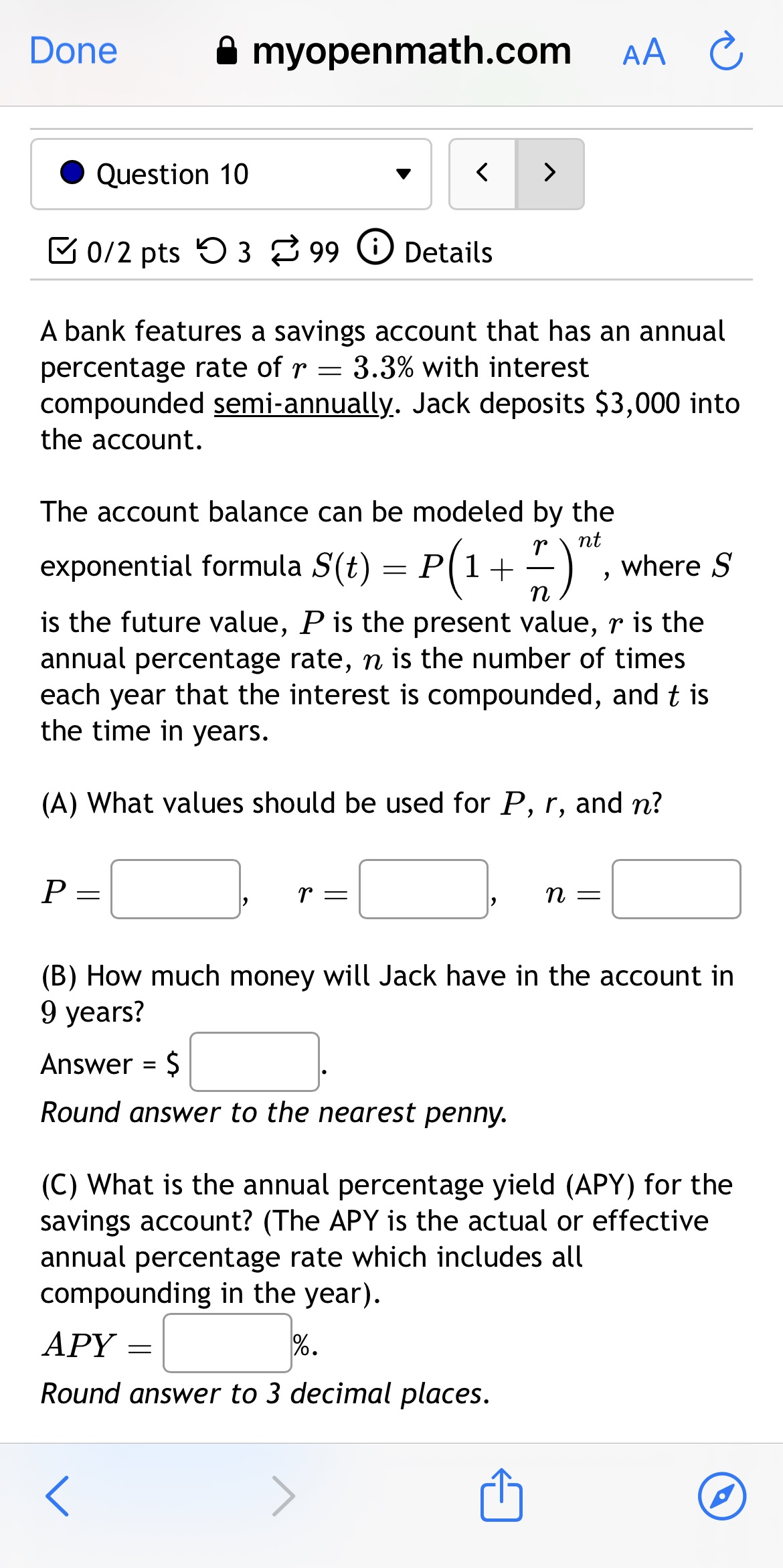 Done 8 myopenmath.com A C, @ Question 10 v & 0/2pts
