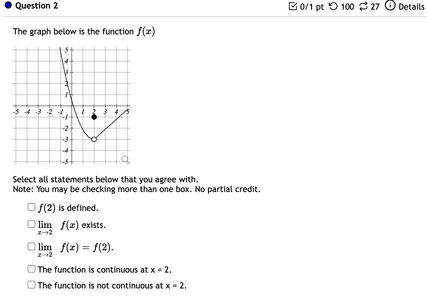 2 @ Question 2 & 0/1pt O 100 2 27 O Details