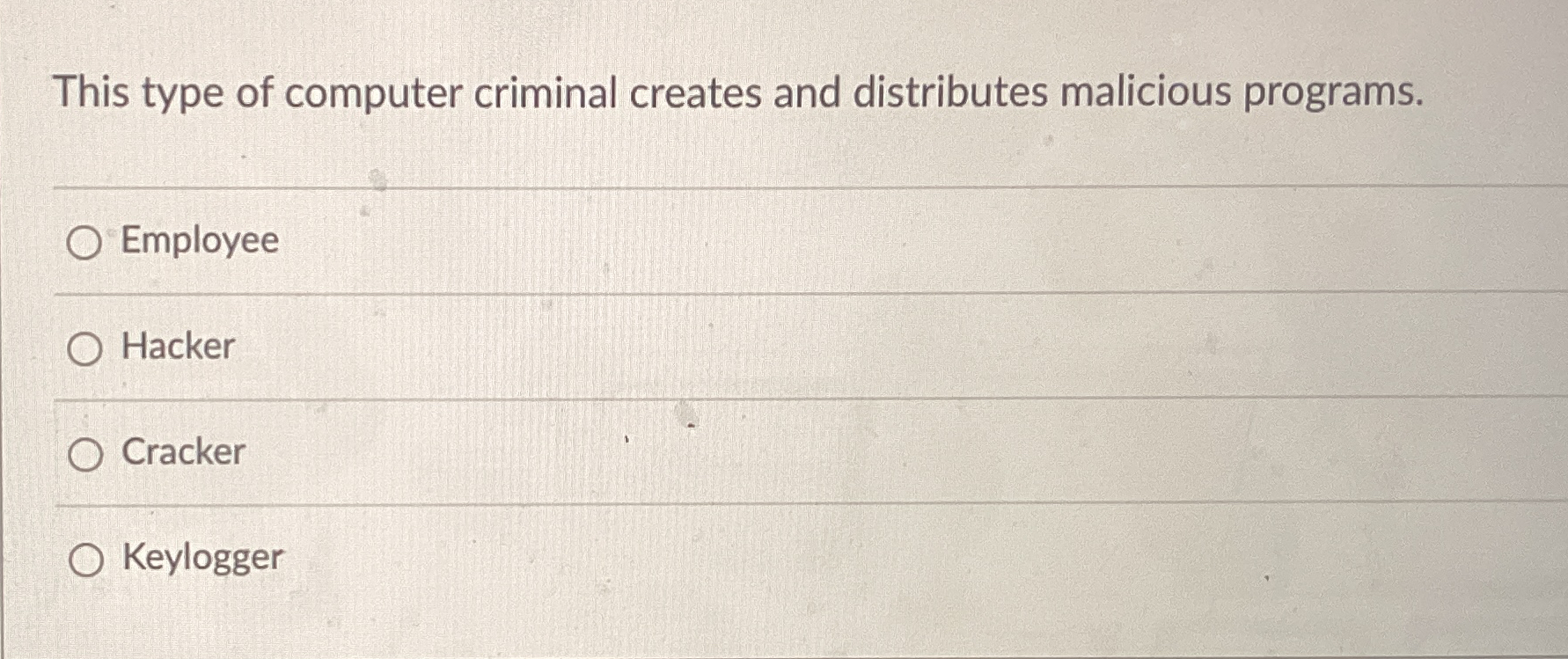  This type of computer criminal creates and distributes malicious programs. Employee
