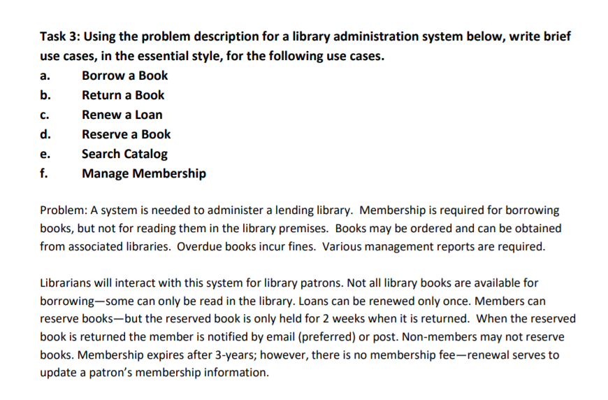 Task 3: Using the problem description for a library administration system