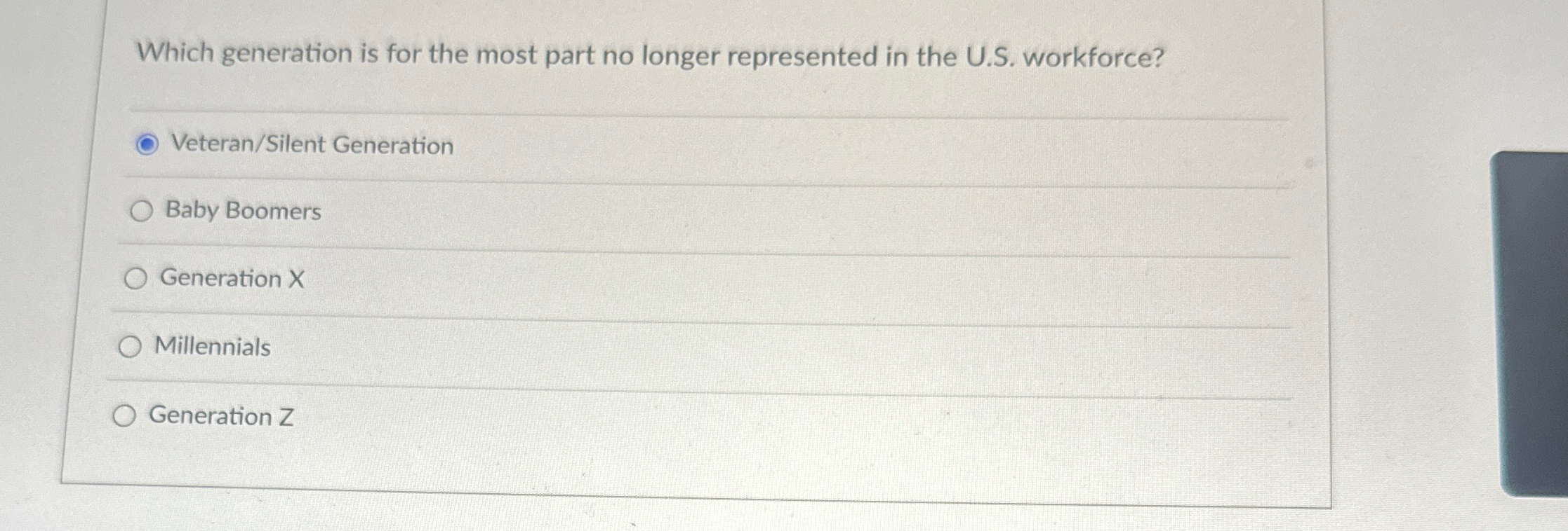  Which generation is for the most part no longer represented in