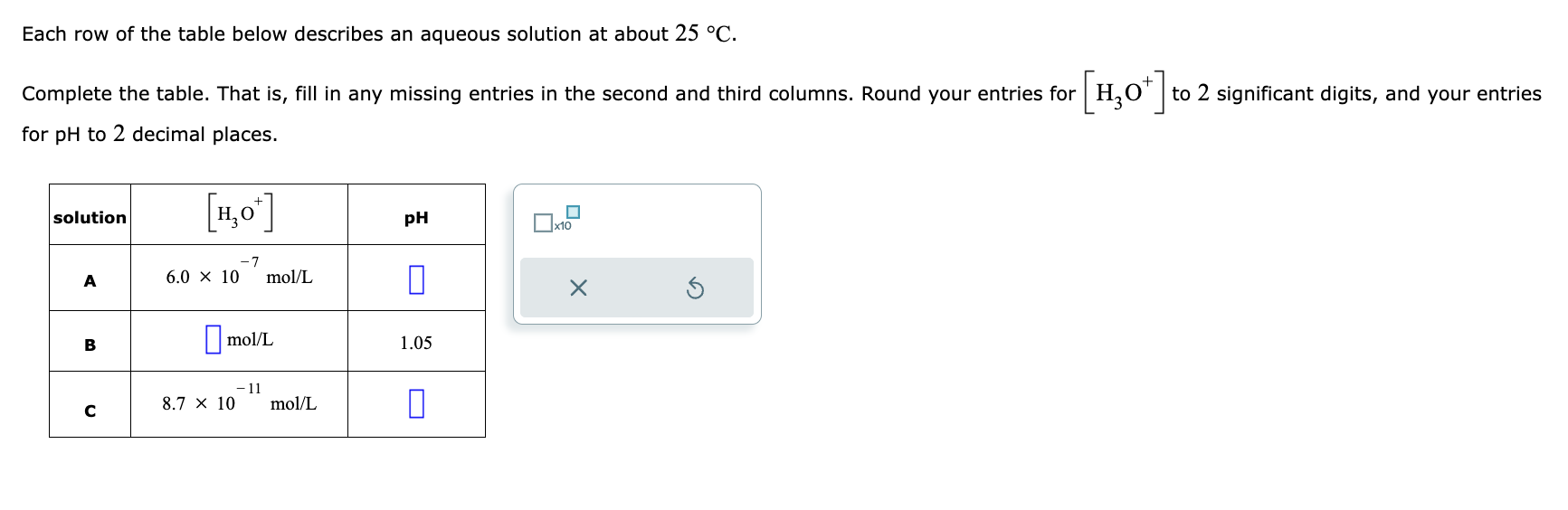 Each row of the table below describes an aqueous solution at