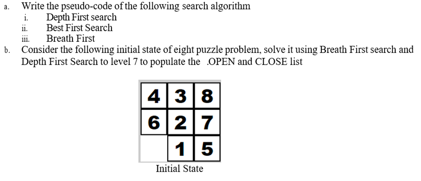  a. Write the pseudo-code of the following search algorithm i. Depth