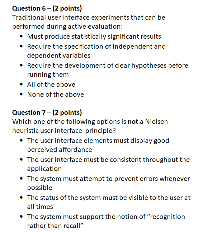 Question 6-(2 points) Traditional user interface experiments that can be performed