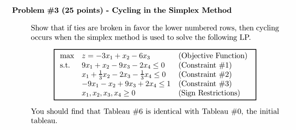 cycling in simplex method Problem #3 (25 points) - Cycling in the