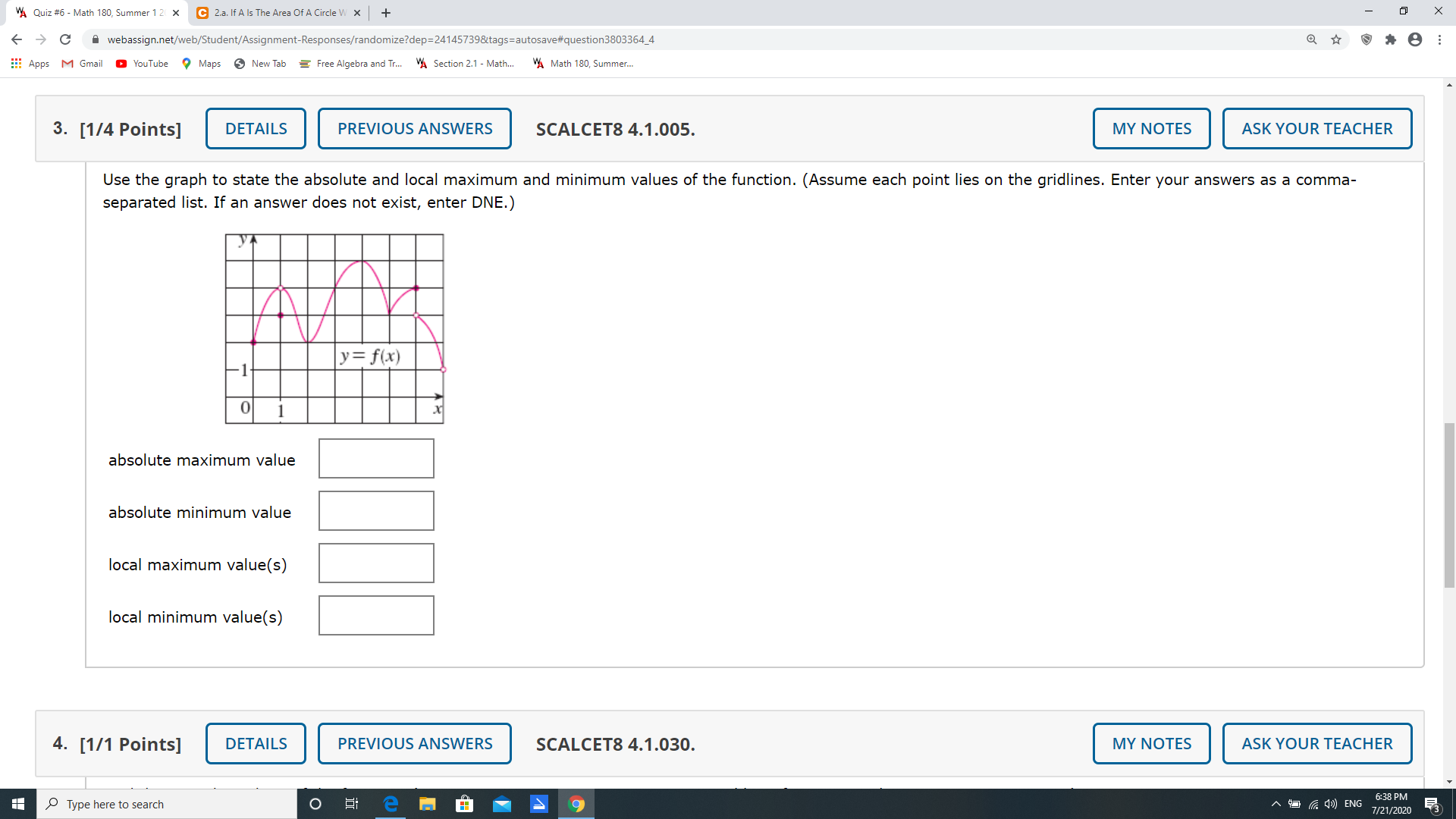 calculus problem VA Quiz #6 - Math 180, Summer 12( x C)