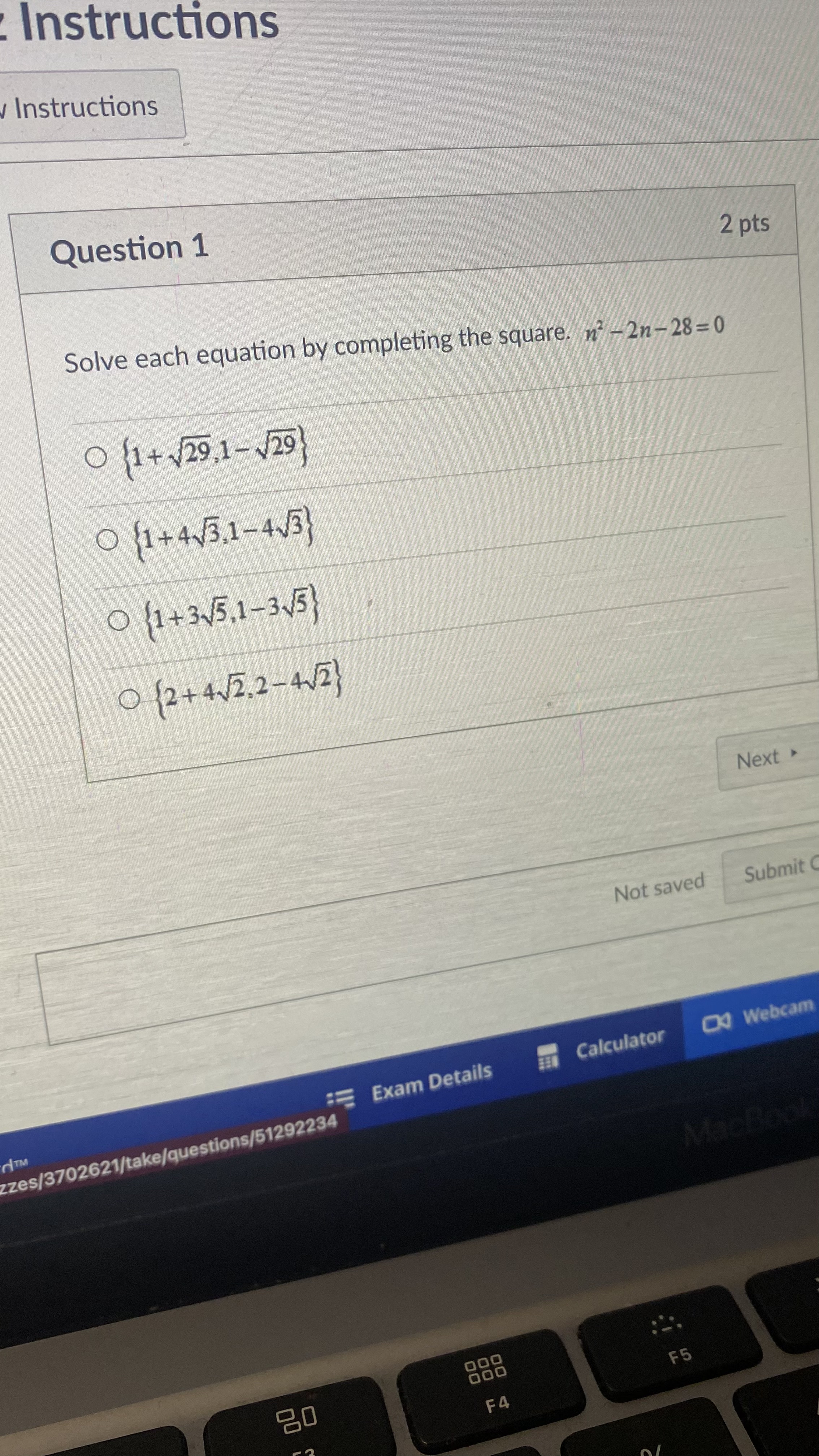 Instructions Instructions Question 1 2 pts Solve each equation by completing
