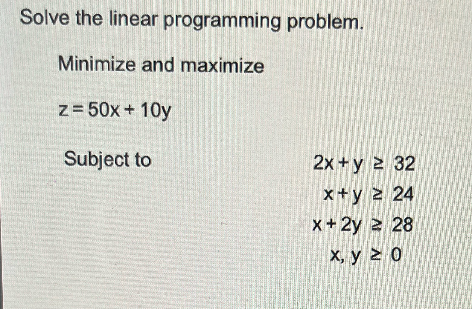 Don't know how to solve this Solve the linear programming problem. Minimize
