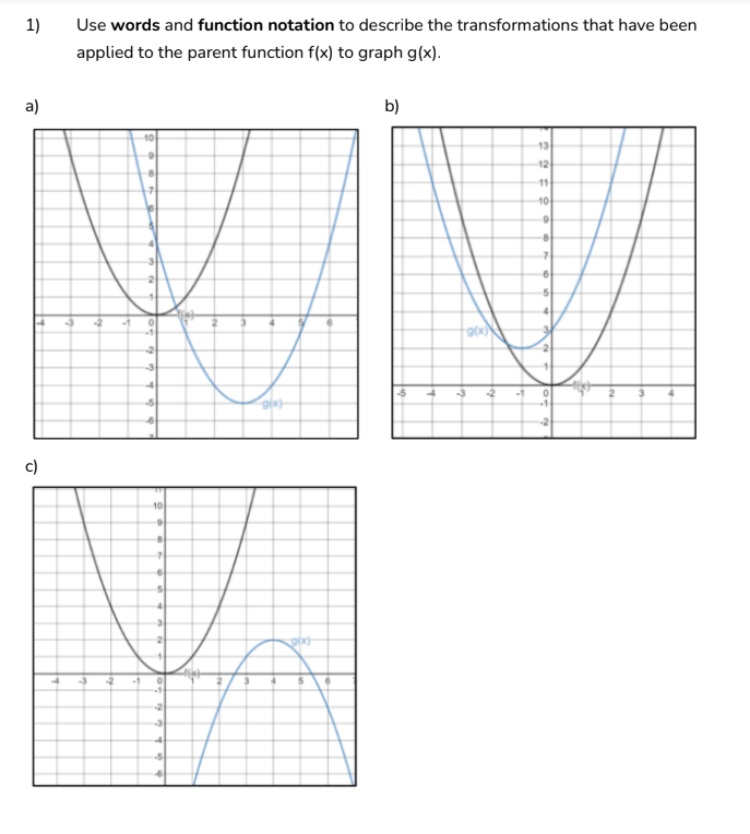 1) Use words and function notation to describe the transformations that