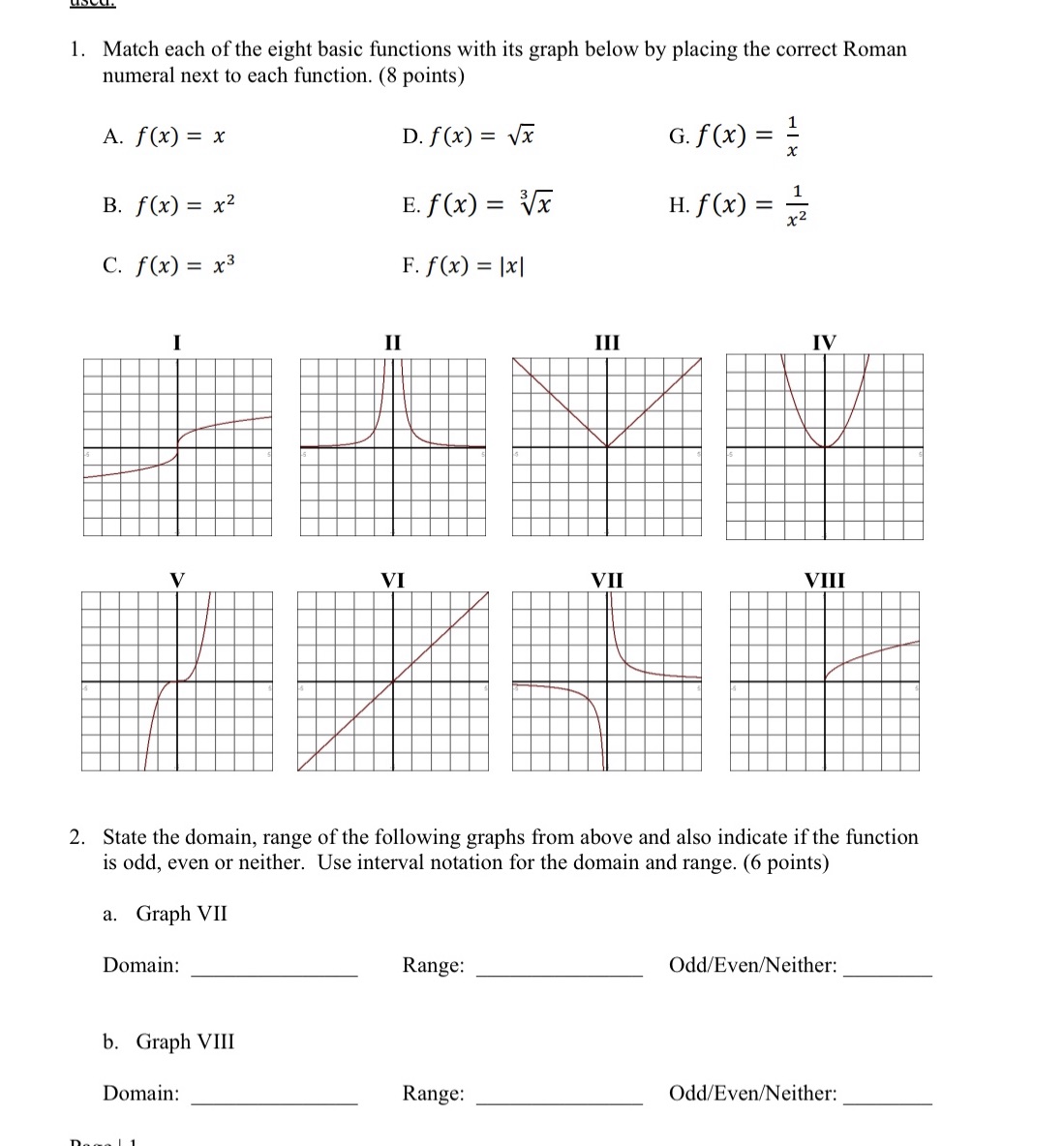 1. Match each of the eight basic functions with its graph