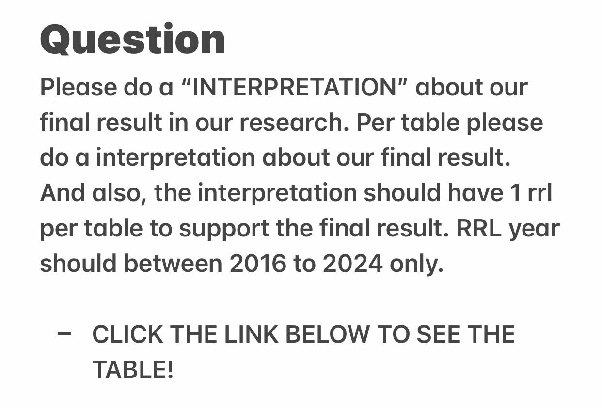 Question Please do a "INTERPRETATION" about our final result in our